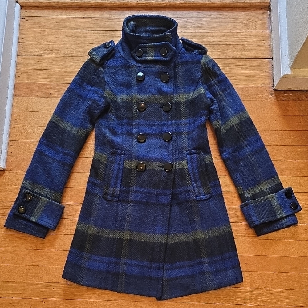 Kensie, Plaid, Double-Breasted, Pea Coat, Blue / Olive / Black, VGUC, Women's XS